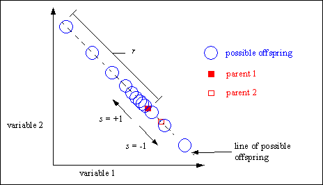 Fig. 4-5: Possible positions of the offspring after extended line recombination according to the positions of the parents and the definition area of the variables
